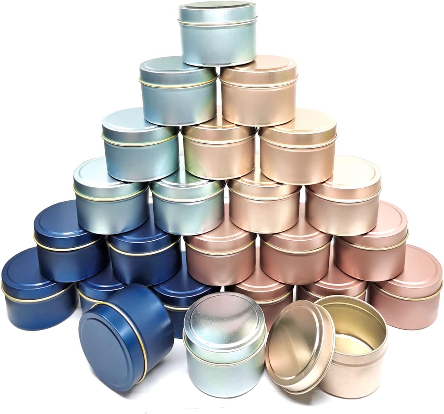 Unixing 24Pcs 4oz Candle Tins for DIY Candle, Metal Candle Container Tins for Candle Making Dark Blue Light Blue Champagne Rose Gold Container Tins