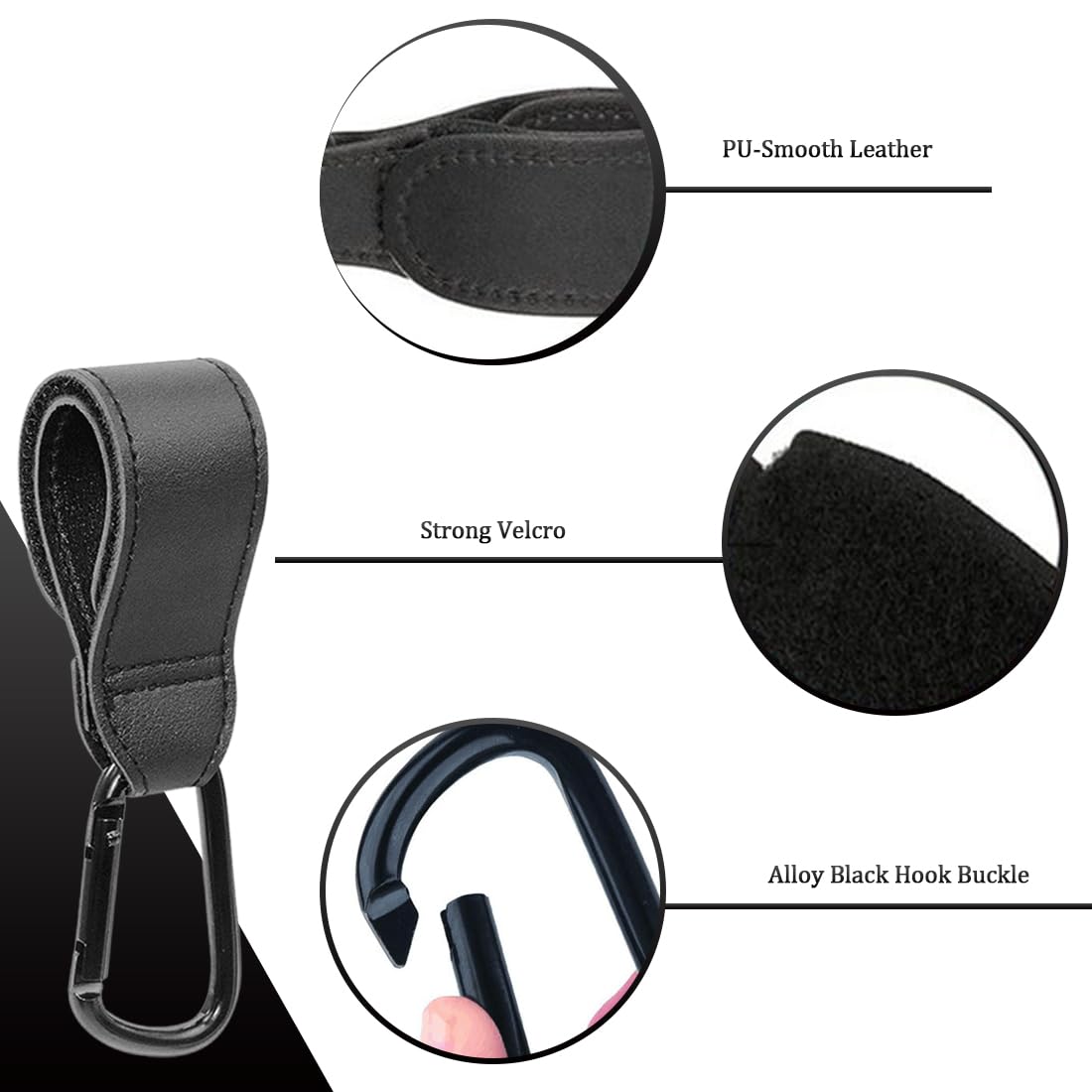 2 Ganci in Pelle Nero, Gancio per Passeggino in Pelle per Pannolini, Accessori Universali per Passeggino, per Borse della Spesa, Zaini e Borse a Mano (Nero)