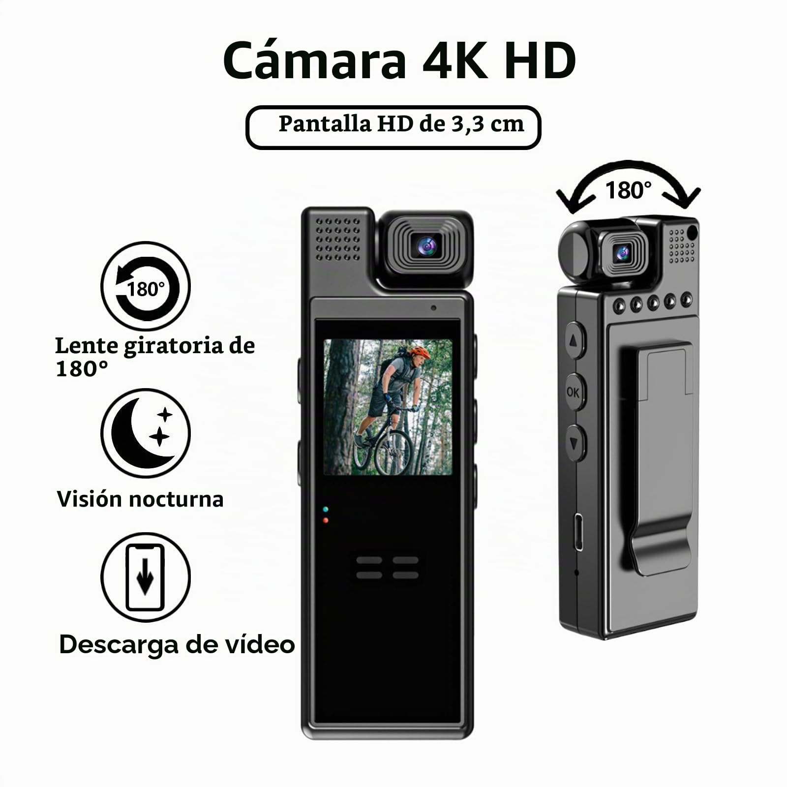 Cámara 4K UHD con grabación de audio y video Lente giratoria de 180° Cámara con 6 horas de duración de la batería con pantalla TFT de 1,3 pulgadas Detección de movimiento
