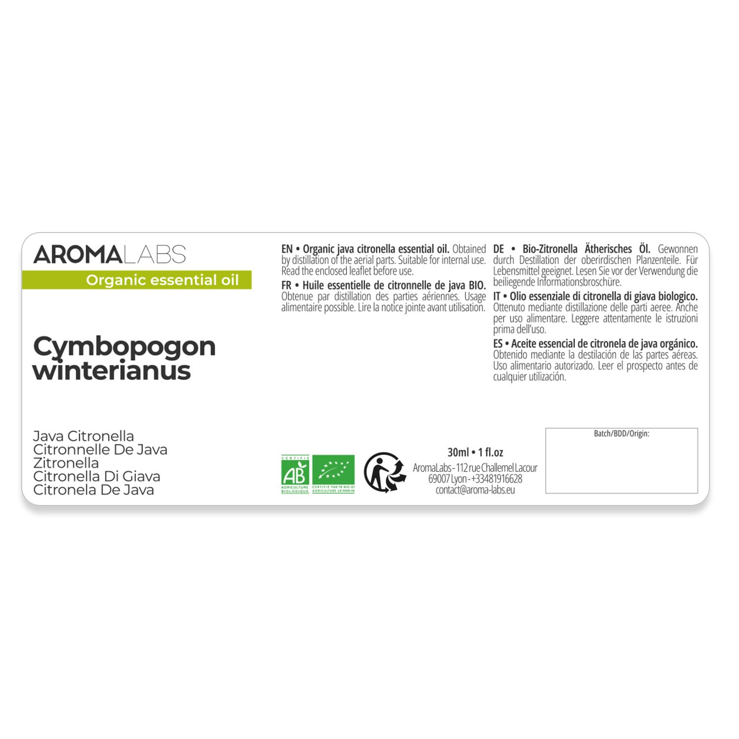Citronella di Giava BIO (Cymbopogon winterianus) - 30 mL - Olio Essenziale Chemiotipizzato e Certificato AB - Aroma Labs - Made in France