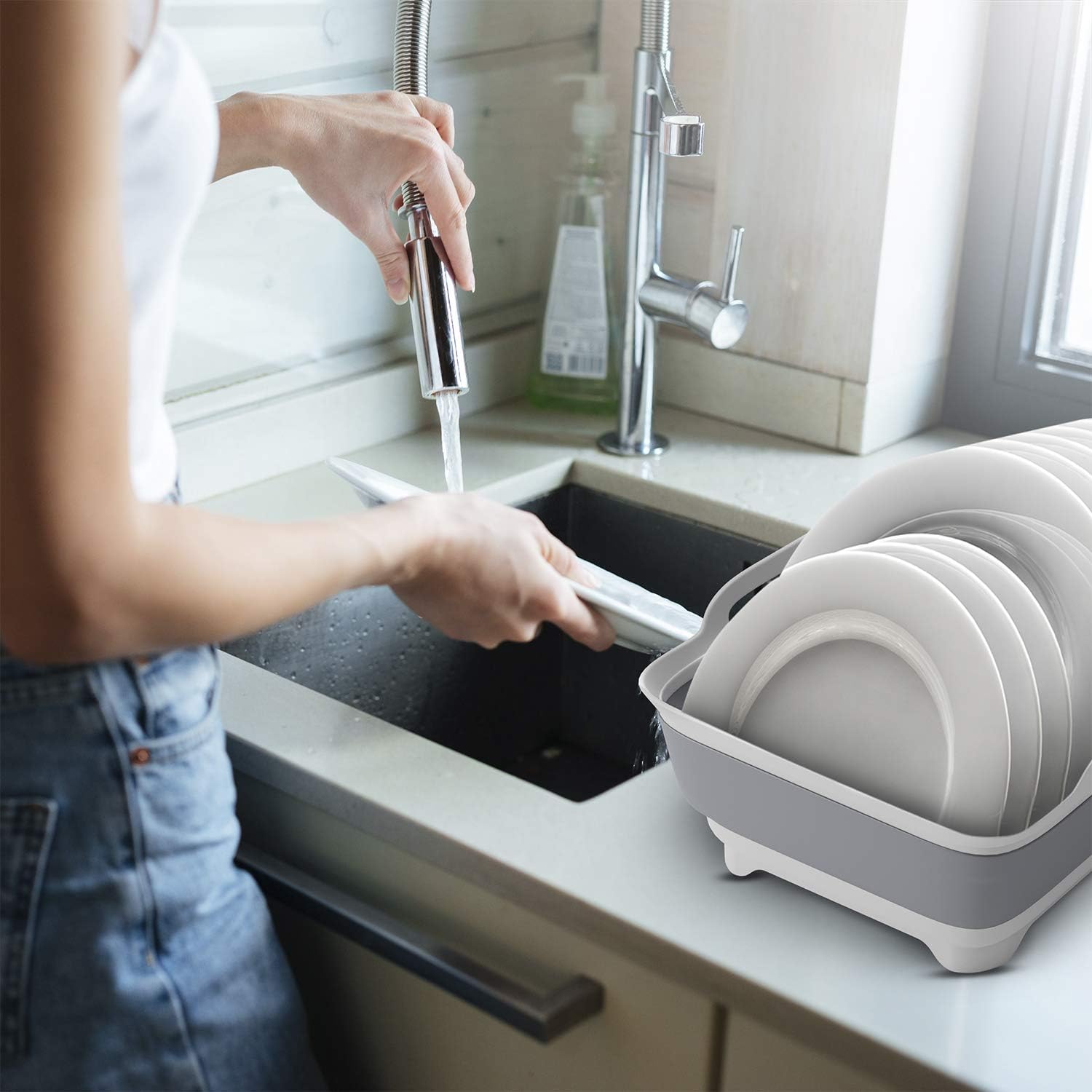 Vamako 9L Collapsible Dish tub Portable Sink, Folding Laundry tub, Washing Basin with draining Plug, Collapsable Dish Drainer, Camping Dish Washing tub, Portative wash Dish Basin. Gray: Kitchen & Dining