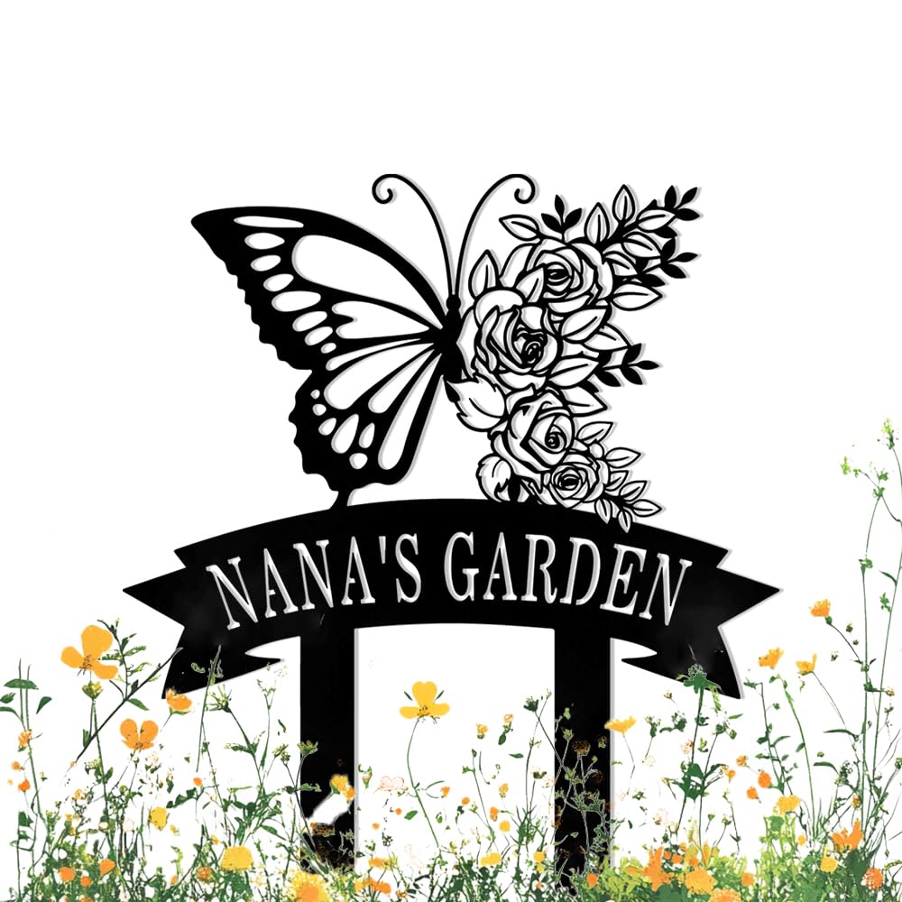 Personalized Flowers Butterfly Metal Garden Sign with Stake,Custom Gardener Family Name Signs Art Decor,Customized Butterflies Gardening Gifts for Birthday,Flower Welcome Plaque for Outdoor Yard Lawn — image 1