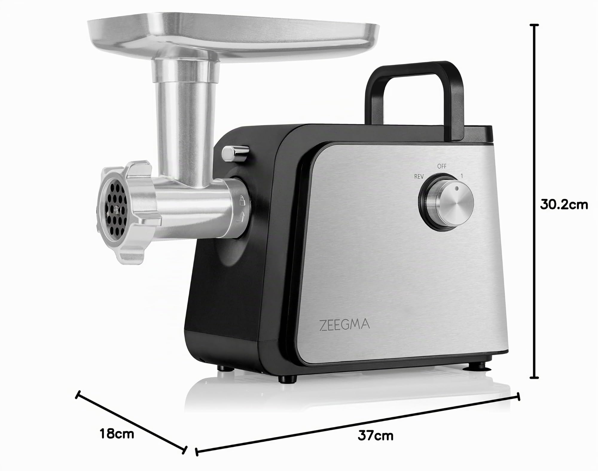 ZEEGMA MOLEN CHEF EASY - Picadora de Carne Eléctrica, Potencia de 2100 W, 3 Discos de Acero Inoxidable, Accesorio para Embutidos, Rallador de Verduras, Función Reversa | 3 discos de acero inoxidable, accesorio para embolsar, mandolina para verduras, funci