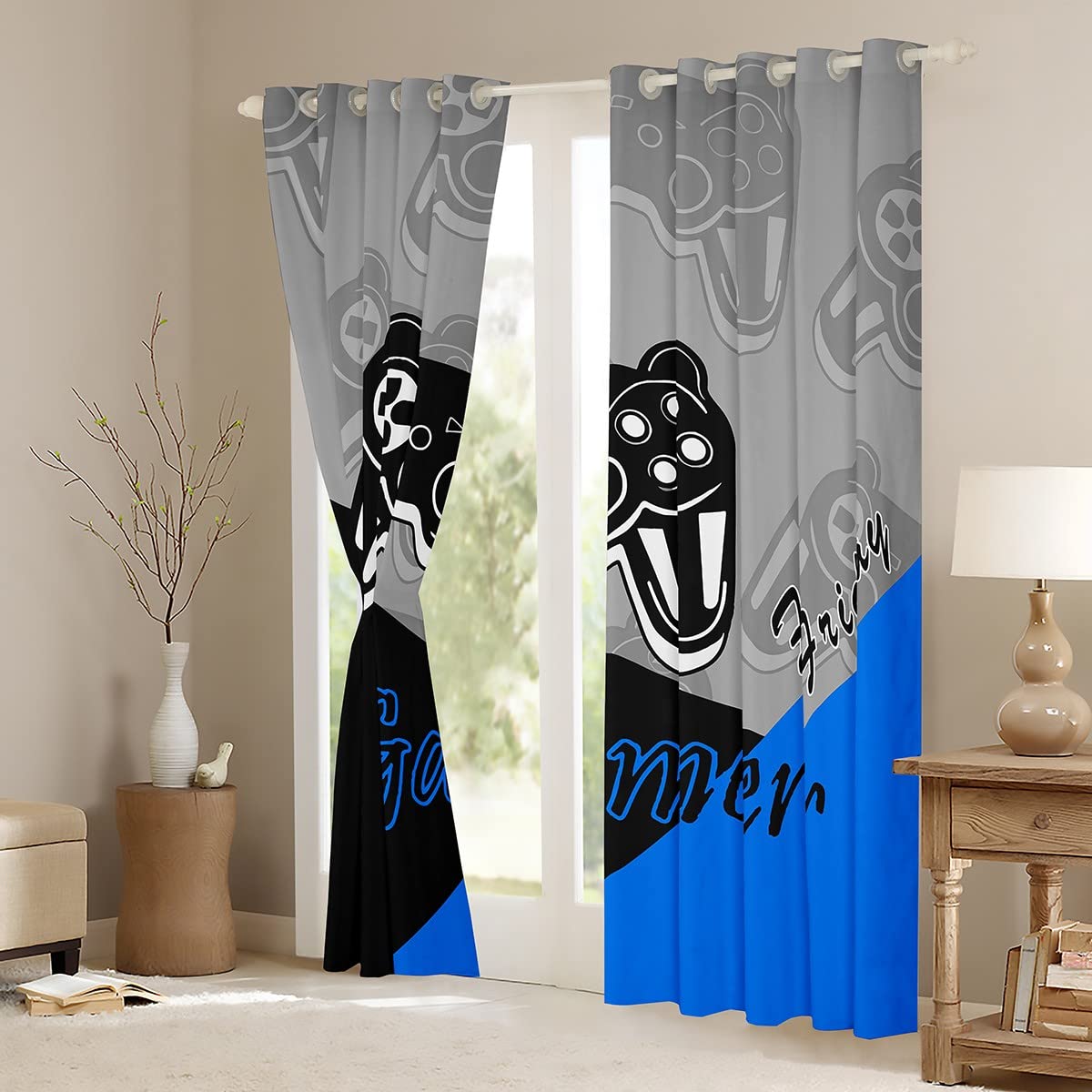 Cortinas de Jugador para Dormitorio, Adolescentes, niños, Cortina de Juegos, Videojuegos, Videojuegos, Cortinas de Ventana para niños, Tratamiento de Ojales, Negro, Azul, Gris, 46 x 72 Pulgadas