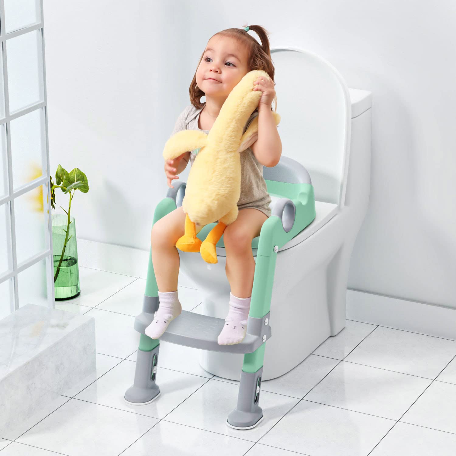 Potty Training Seat with Step Stool Ladder, Toddlers Potty Training Toilet for Kids Boys Girls (Gray/Green)