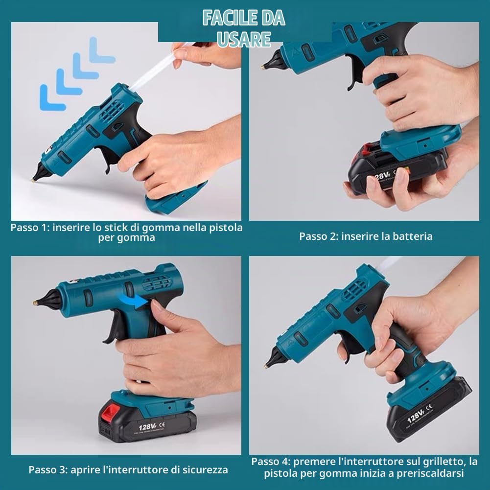 Pistola per colla a caldo senza fili, compatibile con Makita BL1830 BL1840 BL1850 BL1860 18 V, batteria al litio da 100 W con 20 stick di colla, riscaldamento rapido