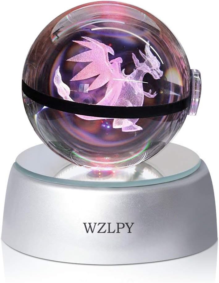 3D Crystal Ball LED Night Lights Children's Gift Lamp 50mm Ball Automatic Discoloration Base (Charizar)