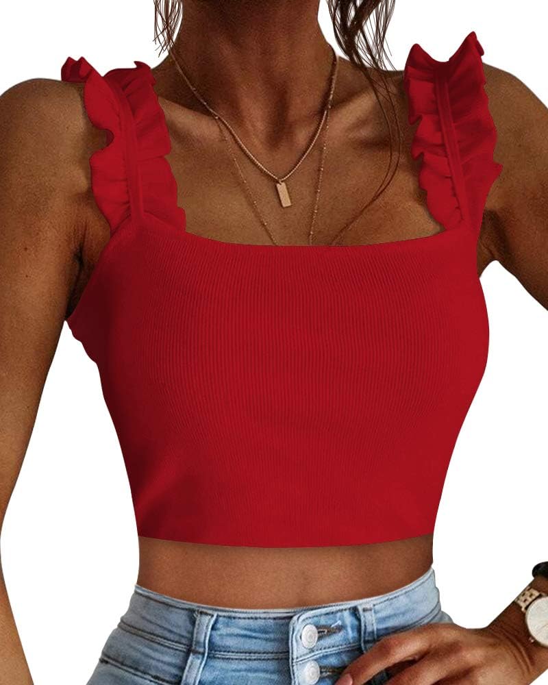 CLOZOZ Cute Crop Tops for Women Tank Tops Ribbed Ruffle Strap Square Neck Womens Trendy Going Out Preppy Tops