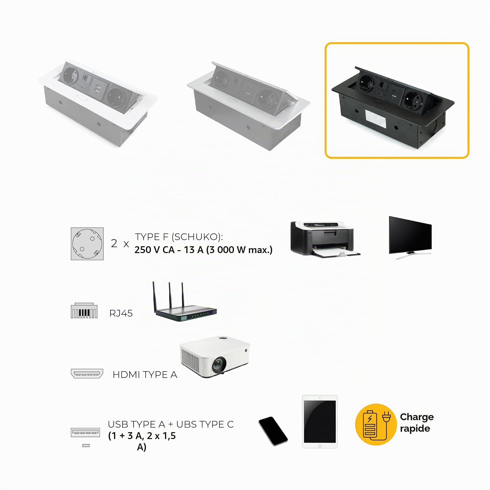 Emuca - Bloc multiprise escamotable pour encastrer au Bureau, Bloc multiprise Plan de Travail (Prise EU Type F, USB A+C, RJ45 et HDMI), 265x120mm, Peint en Noir