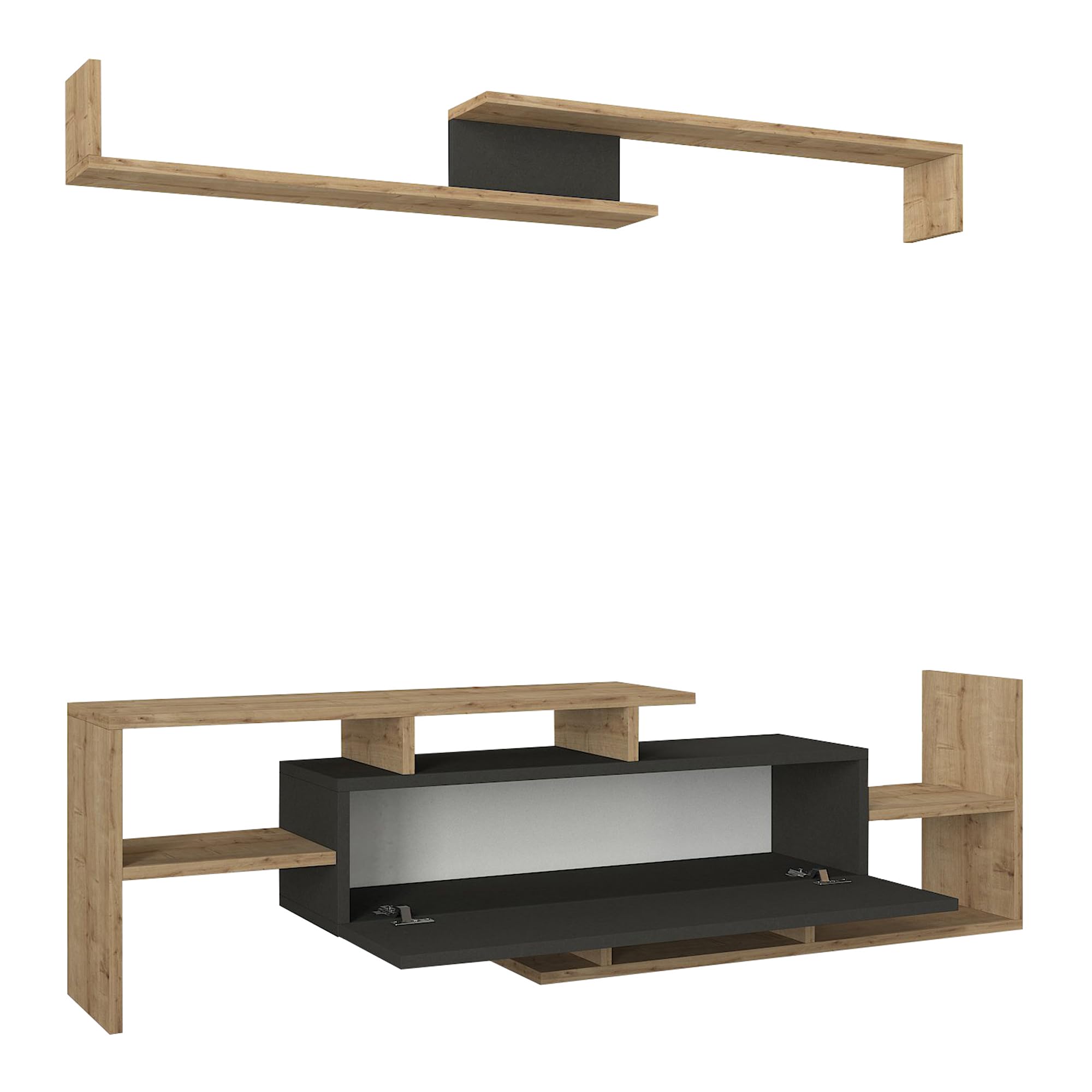 [en.casa] Juego de Muebles de Salón Liksefte Mesa para Televisor con Múltiples Compartimentos Estantes y 1 Puerta Mueble TV con Estantería de Pared Aglomerado 154x28x42cm - Efecto Roble Zafiro/Negro