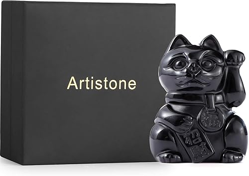 Miniatura 6 de Artistone Black Obsidian Crystal Maneki Neko Money Feng Shui Fortune Lucky Cat Collectible Figurine Gemstone Sculpture for Attract Wealth Good Luck