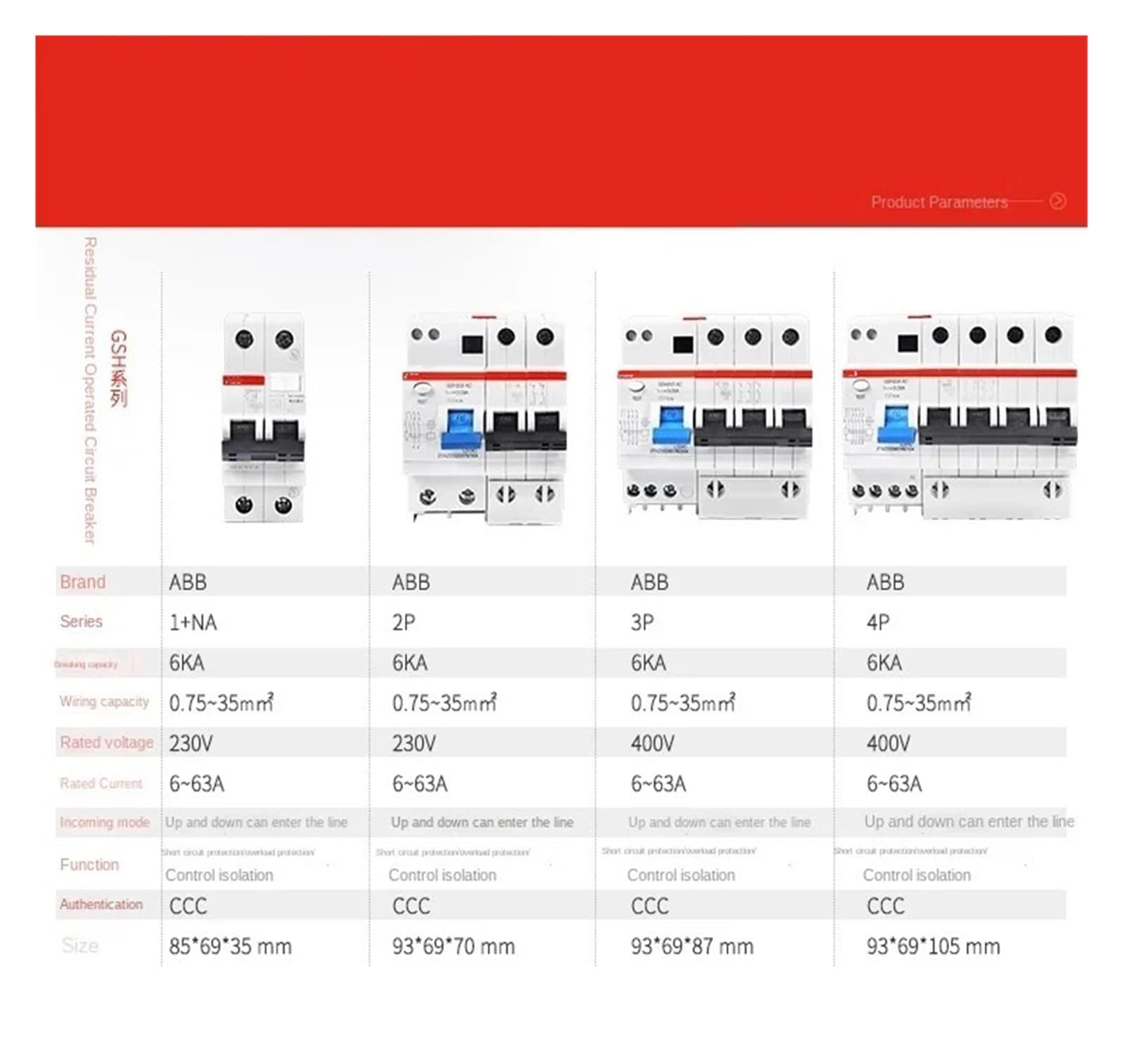 Wyłącznik różnicowoprądowy GSH200 1P+N 2P 3P 4P 6A 10A 16A 20A 25A 32A 40A 50A 63A Typ C elektroniczny (40A)