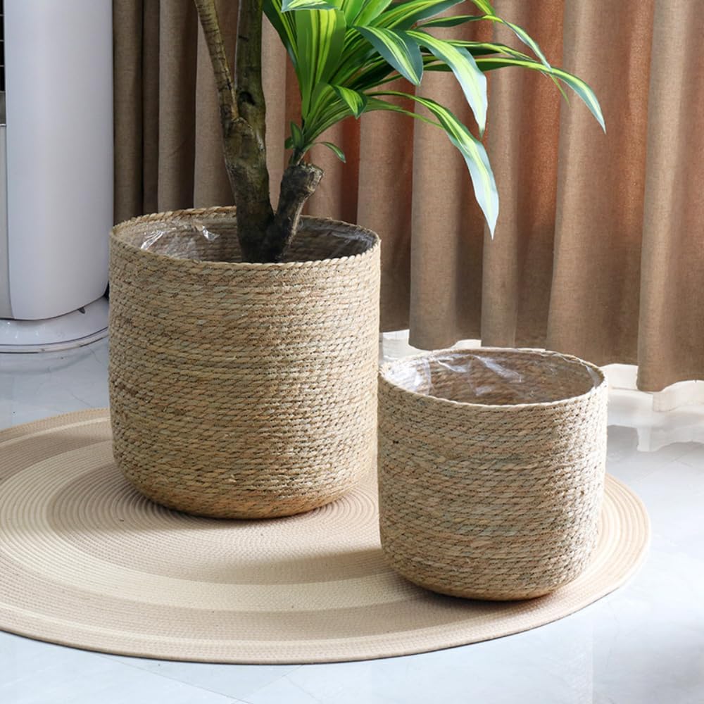 14 inch Large Seagrass Woven Planter Basket - Wicker Planter Basket with Plastic Film Insert for Indoor Plants, Large Monstera Pot, Woven Storage Basket, Boho Home Decor (Large)