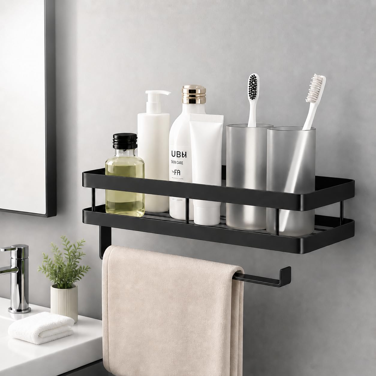 Portaspezie da Parete Senza Forare con Porta Rotolo da Cucina, Mensola Cucina in Acciaio al Carbonio Nero, Organizer per Spezie con 4 Ganci per Utensili e Strofinacci