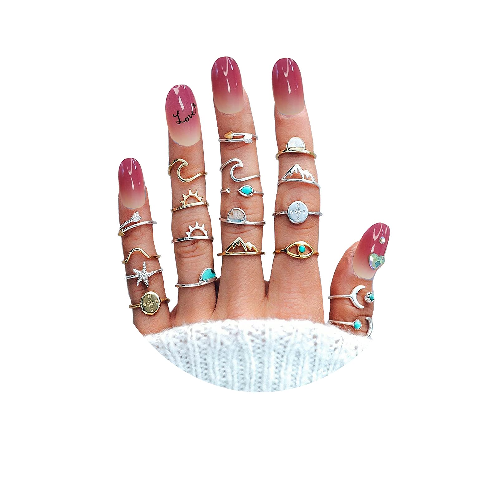 ZZ ZINFANDEL12-20 Pcs Multiple Boho Silver Ring Set Star Moon Wave Feather Rings Stackable Knuckle Rings for Women Bohemian Midi Finger Rings Set for Teens Girls