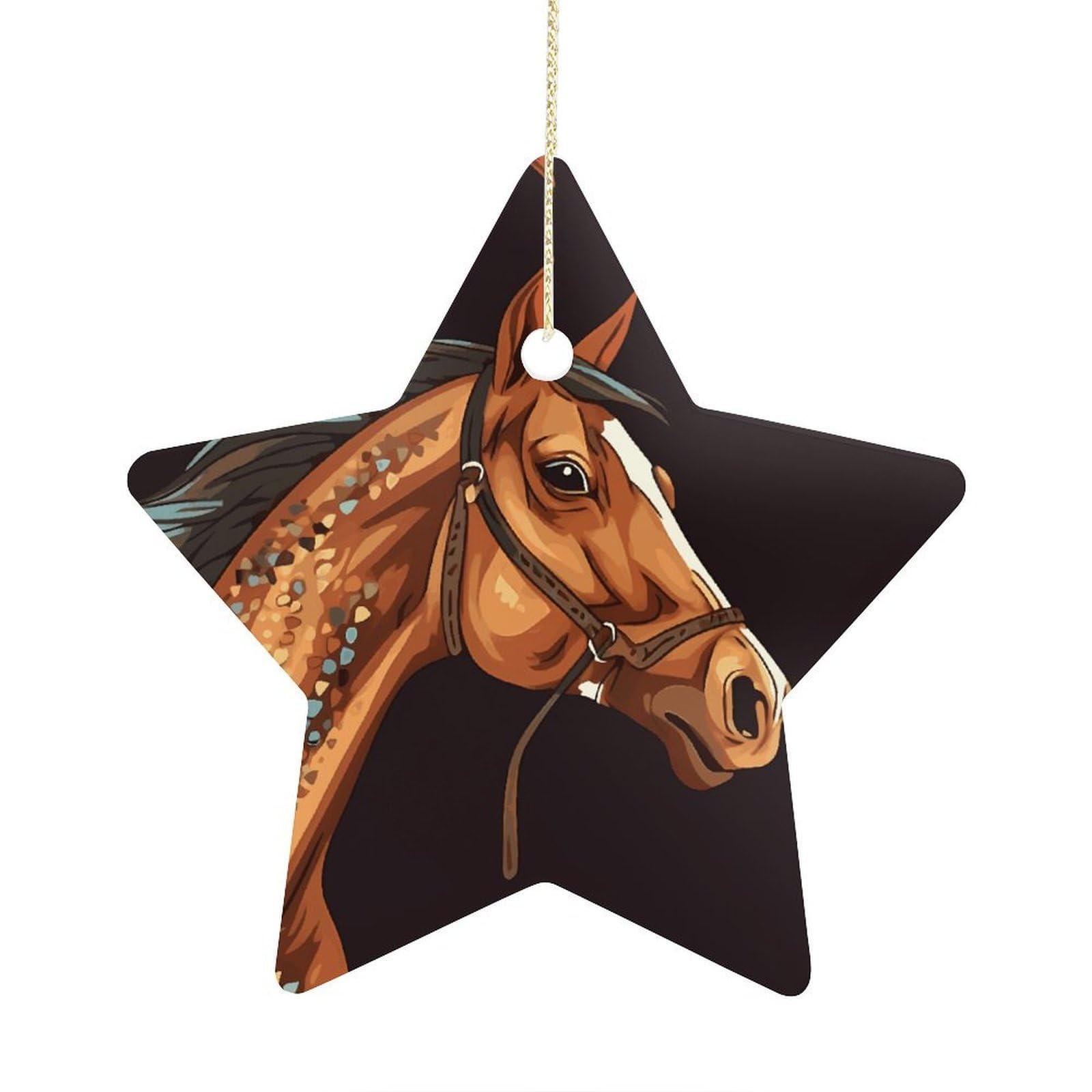Brown Horse Stars Ornaments Ceramic Christmas Tree Hanging Light in Weight Christmas Star Pendants Funny Double-Sided Printed Xmas Ornaments for Gifts