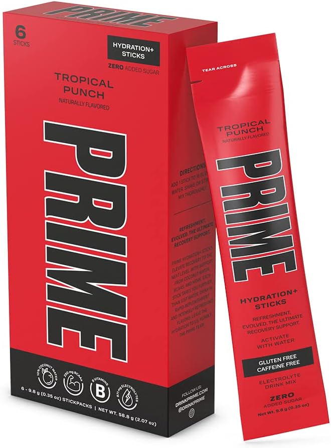 PRIME HYDRATION+ Stick Pack, Electrolyte Drink Mix, 10% Coconut Water, 250mg BCAAs, Antioxidants, Naturally Flavored, Zero Added Sugar, Easy Open Single-Serving Stick, Tropical Punch 6 Sticks