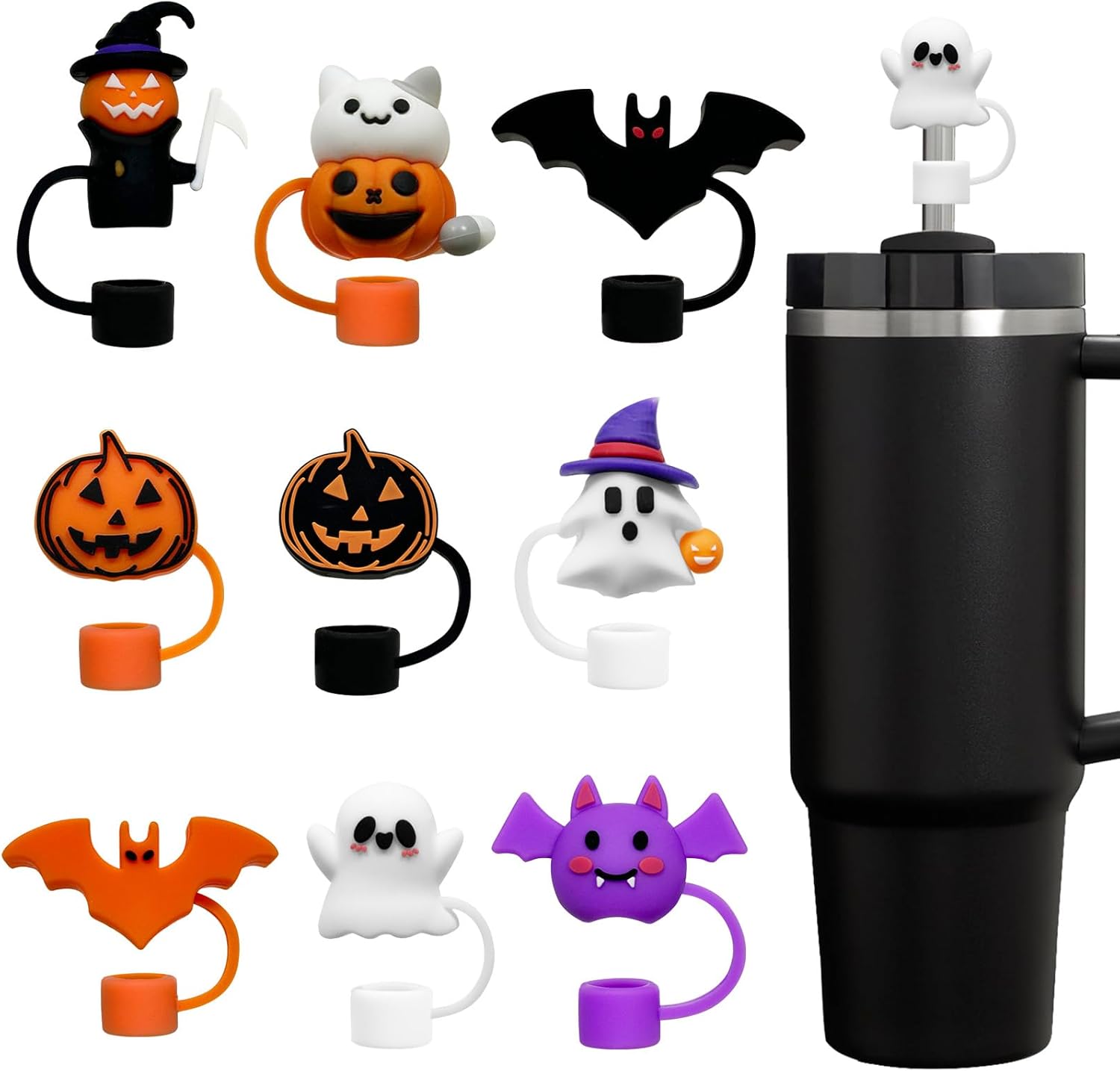 9pcs Halloween Silicone Straw Toppers for Stanley 30&40 Oz Tumblers,Reusable Silicone Straw Covers,Eco-Friendly, Ideal for Gift