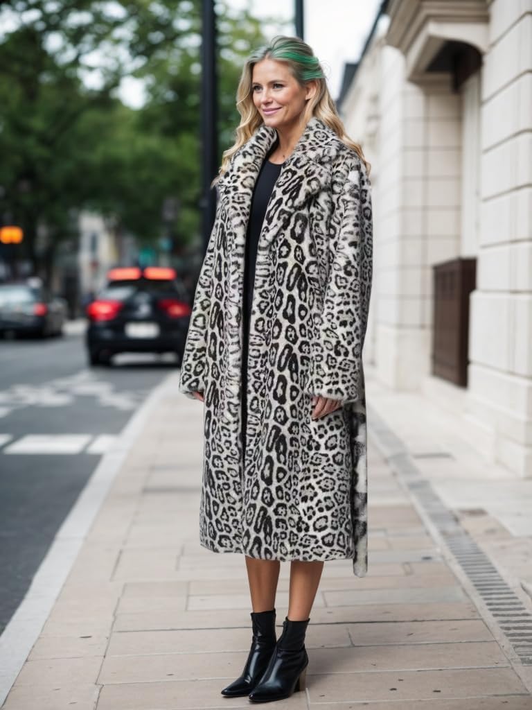 Women Leopard Faux Fur Long Overcoat with Belt Winter Warm Shawl Collar Garment for Outgoing