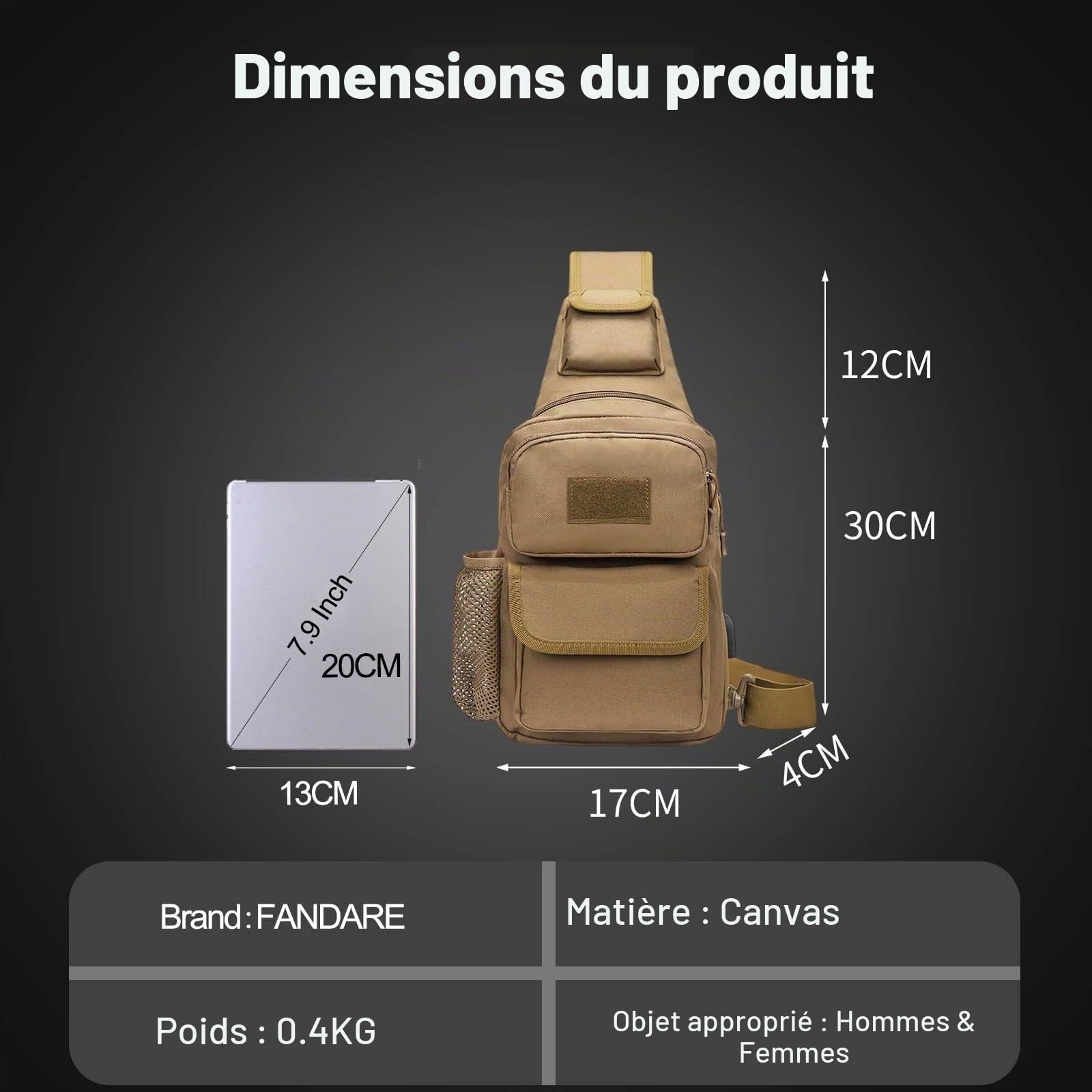 FANDARE Sac à Dos Militaire Poitrine Tactique Homme Femme Randonnée avec USB et Bandoulière Sacoche d’Epaule pour Voyage, Sports, Travers, Cyclisme et Moto
