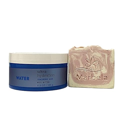 Bath & Body Works Agua Ultra Hidratación Con Mantequilla Corporal De Ácido Hialurónico Con Un Jabón De Muestra De Sales Del Himalaya.