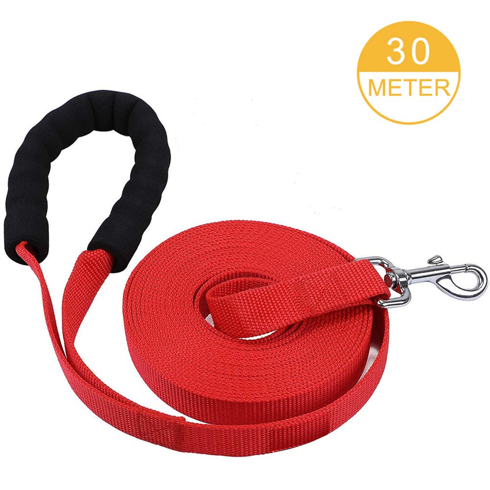 Dog Training Lead Leash, 10m /20m /30m Training Lead for Dogs, Long Nylon Dog Training Leads with Soft Padded Handle (30m/98ft,Red)