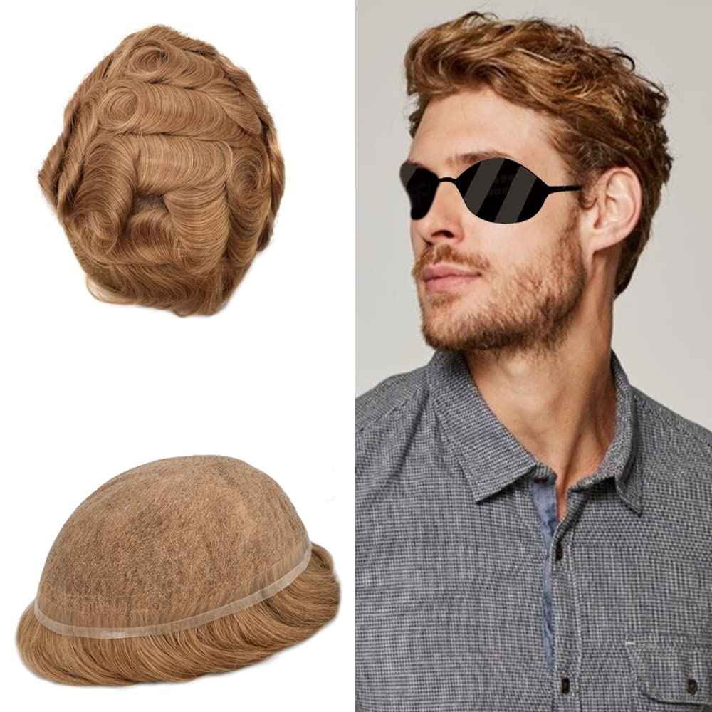 Hair Wonders Hair System for Men Full French Lace Mens Toupee Hairpiece Real Human Hair Replacement Systems Bleached Knots Hairpieces for Men 8X10 100% Density 30R# 30R#