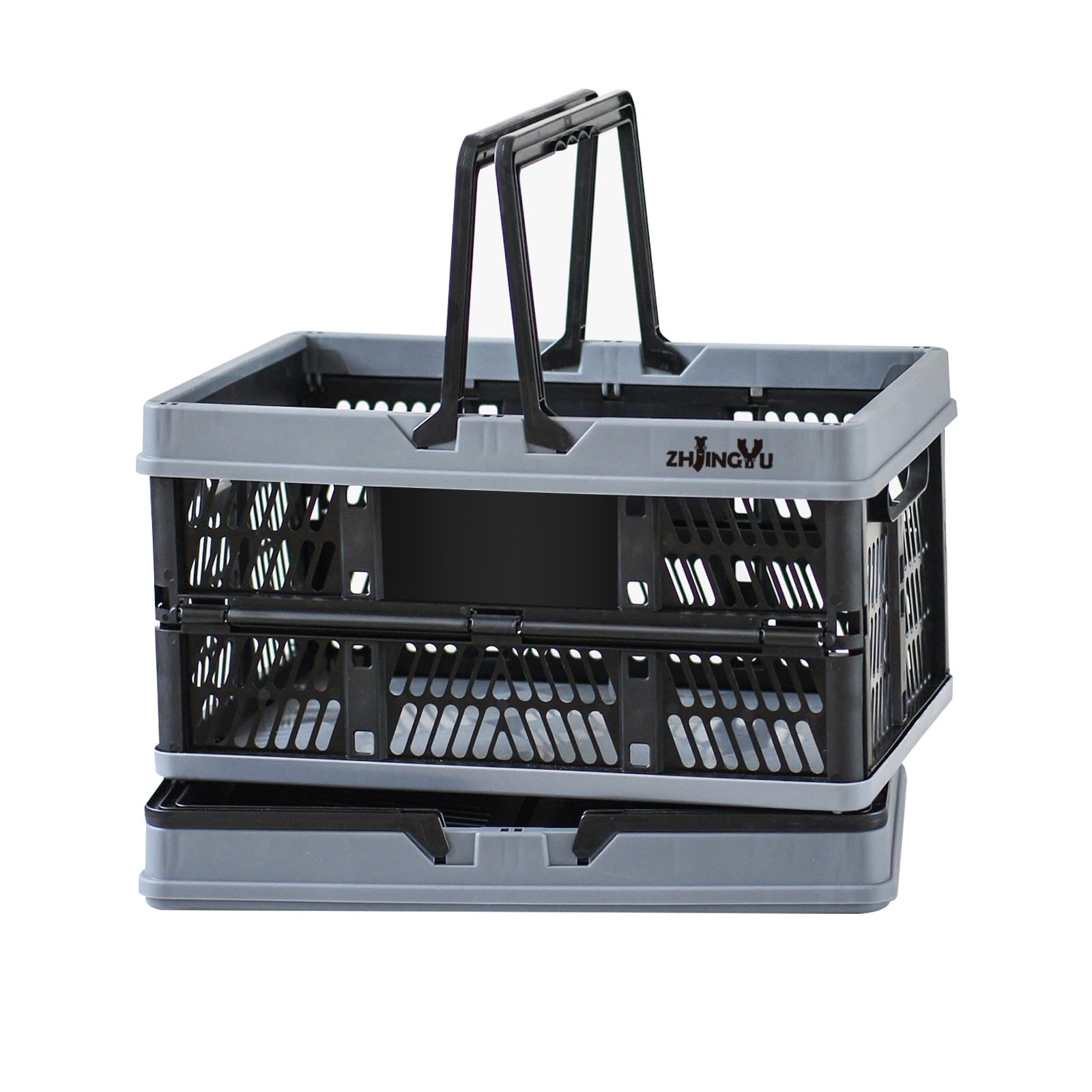 Collapsible Crate, 20L Collapsible Storage Box with Handle, Plastic Crate for Milk Clothes Toy Book Snack Shoe Grocery Storage (Black&Gray)