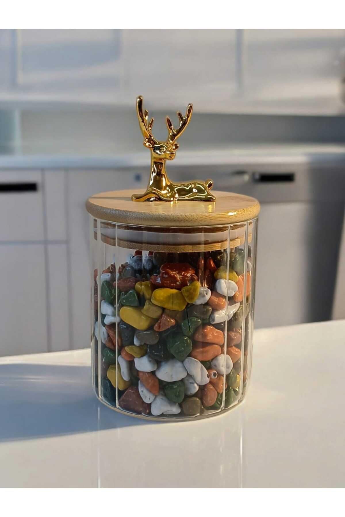 Yenigeldi (9X10 Cm) 1 Adet Geyikli Cam Saklama Kavanozu Geyik Başı Altın Renk Hava Geçirmez Y-421,Şeffaf