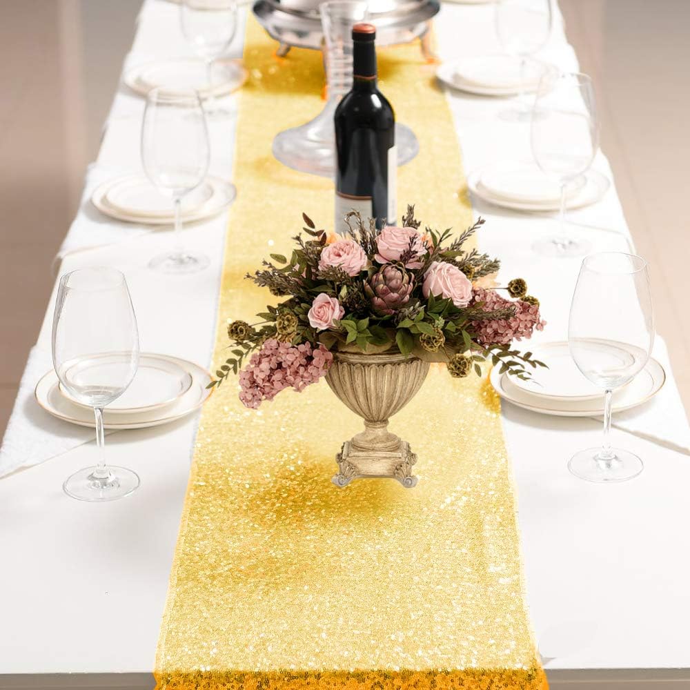 FECEDY 2packs 12 x 108inch Glitter Gold Sequin Table Runner for Birthday Wedding Engagement Bridal Shower Baby Shower Bachelorette Holiday Celebration Party Decorations : Toys & Games