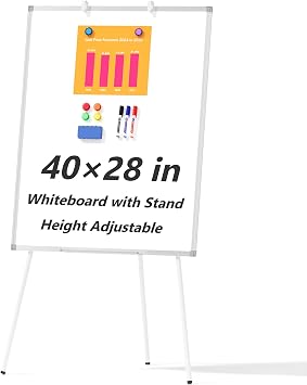 Large Whiteboard Easel with Stand, 40" x 28" Portable Standing Magnetic Dry Erase White Board, Tripod Height Adjustable Flip Chart Easel for Home Office Classroom School, Silver