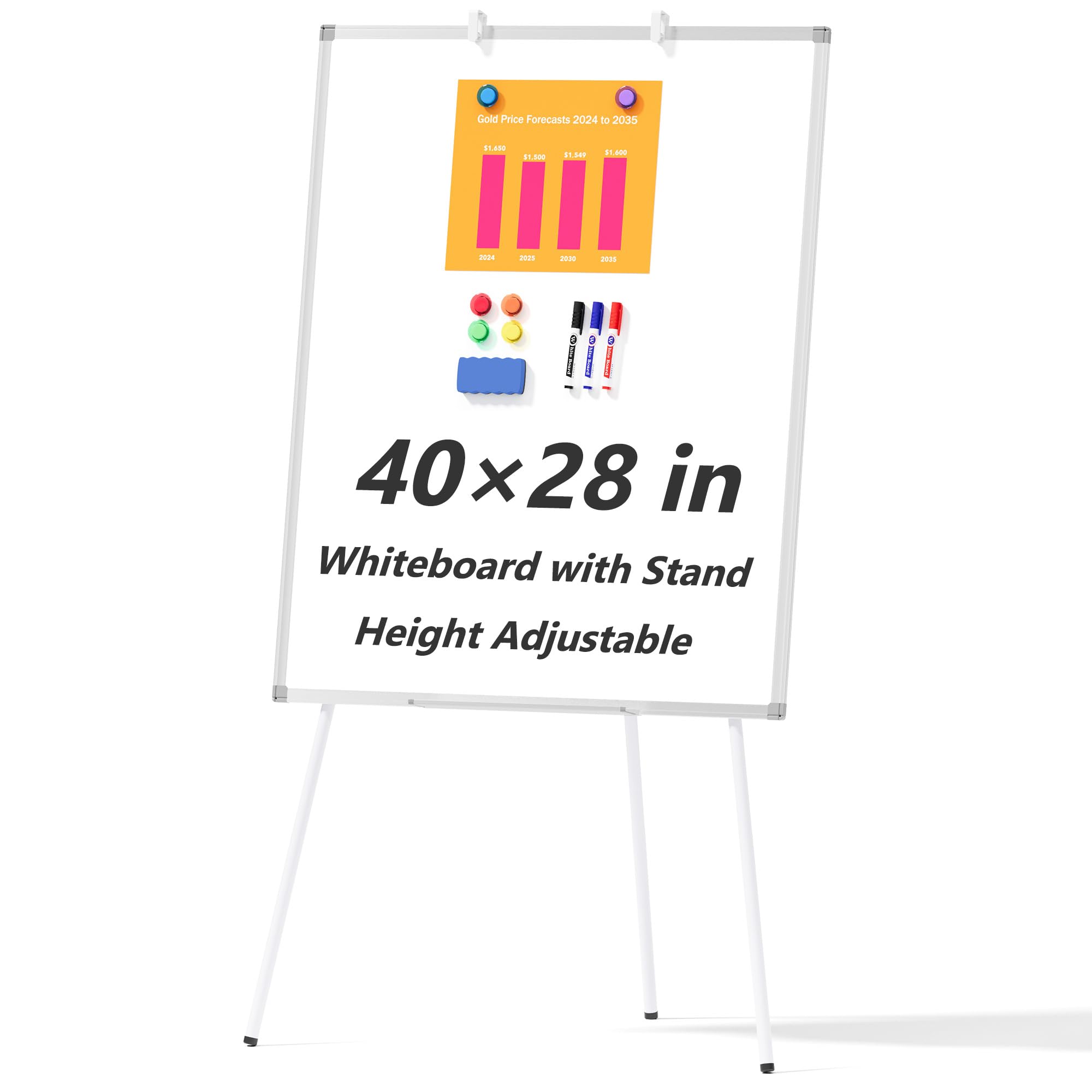 Large Whiteboard Easel with Stand, 40" x 28" Portable Standing Magnetic Dry Erase White Board, Tripod Height Adjustable Flip Chart Easel for Home Office Classroom School, Silver