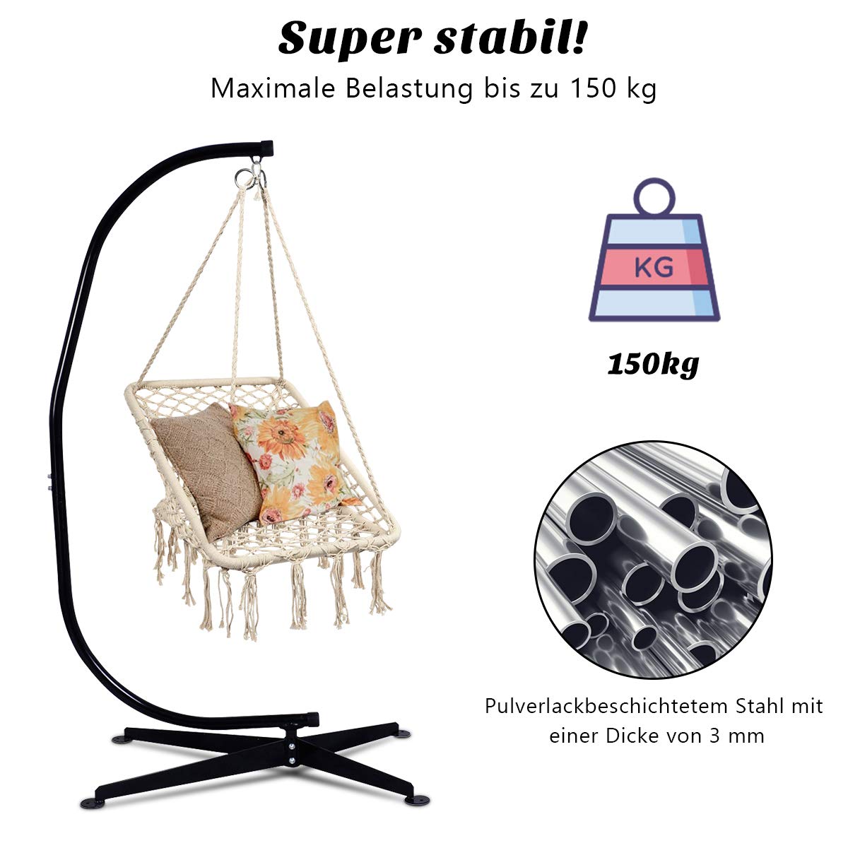 RELAX4LIFE Hängesesselgestell, Hängestuhlgestell 150 kg, Hängesessel Gestell Metall, Hängesitzständer in C-Form, Ständer für Hängestuhl, 112 x 79 x 205 cm, Hängesesselständer für Indoor Outdoor