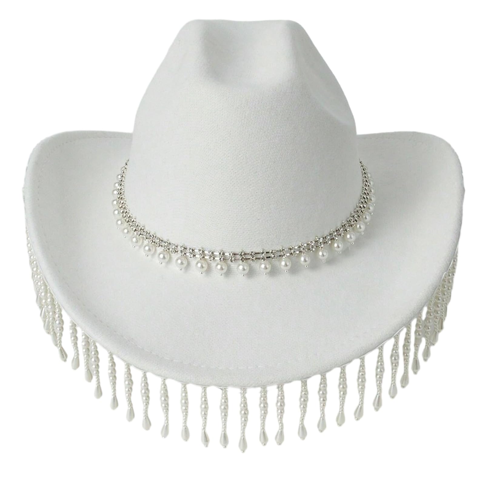 Bwuikim Cowgirl Hat Flickering Cowboy Tassels Pearls for Music Festivals Sparkly Heavy Rhinestones Versatile Western for Boys White