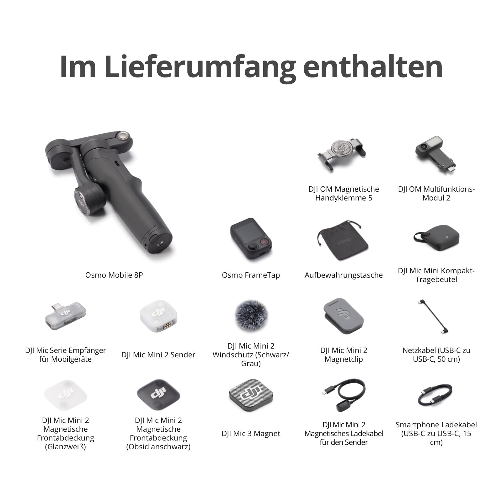 Osmo Mobile 8P Creator Combo + Mic Mini 2 Sender, 360°-Schwenk Handy Gimbal-Stabilisator, Funkmikrofon, detailreicher Klang, DJI OsmoAudio, aktive Geräuschunterdrückung, 3-Achsen-Stabilisierung