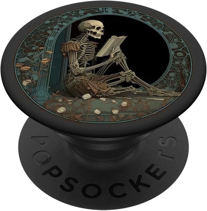 Librarian Skeleton Gothic Goth Book Reading Lover PopSocket Adhesive PopGrip for Smartphones with Smooth, Hard, Plastic Cases - Black