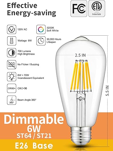 Miniatura 2 de CRLight Bombilla LED Edison regulable de 6 W, 3200 K, blanco suave, 700 lúmenes, equivalente a 700 W, equivalente a E26 Vintage ST64, bombillas LED
