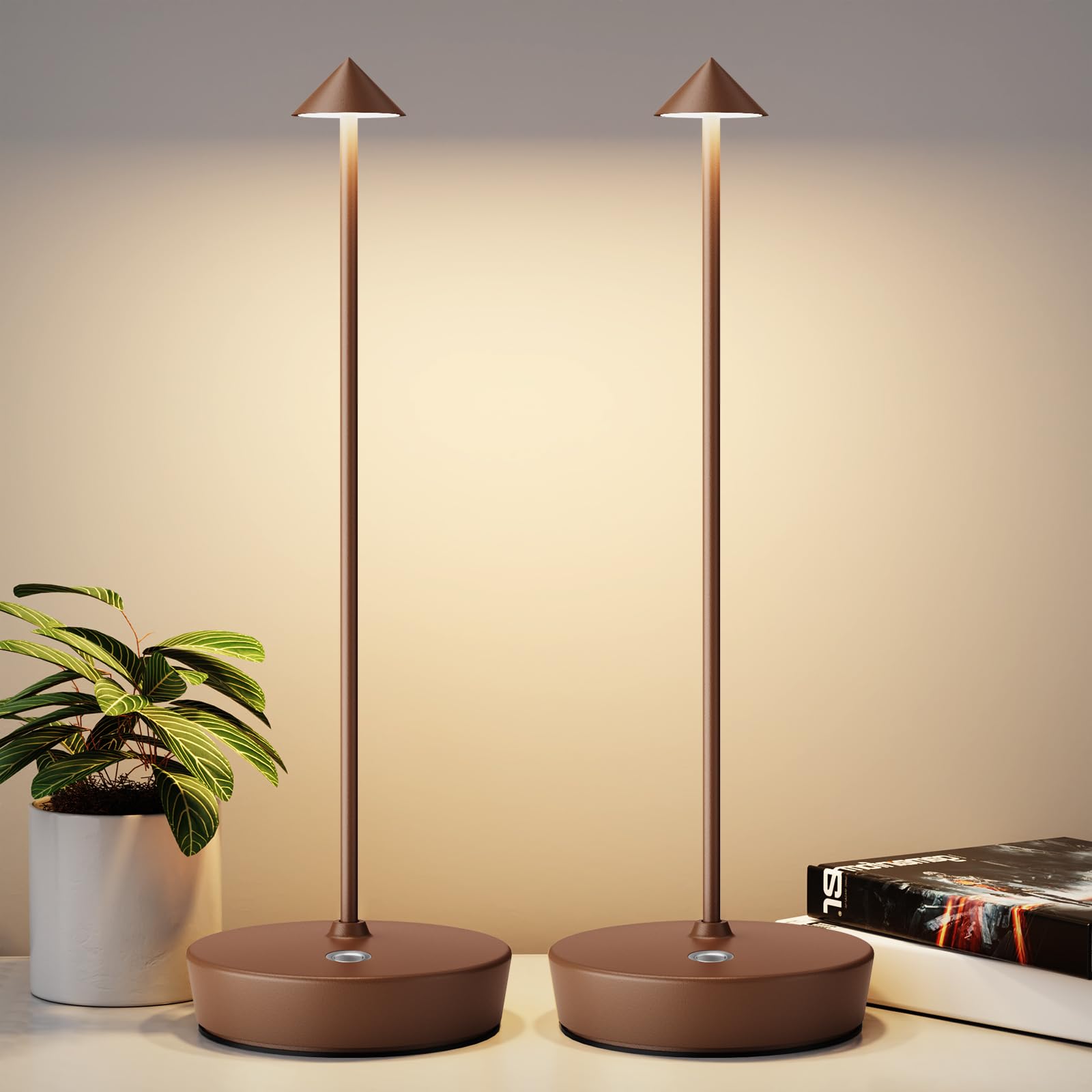 YIBEN 2Pack Rechargeable Cordless Table Lamp, Portable Powered LED Battery 6000mAh Metal USB Desk Lamp, 3 Levels Brightness Light for Restaurants Outdoor (2pack Coffee) — image 1