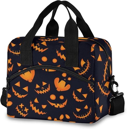 Bolsa de almuerzo de calabaza de Halloween para mujeres y hombres, bolsa de almuerzo aislada con correa de hombro desmontable y asa de transporte,