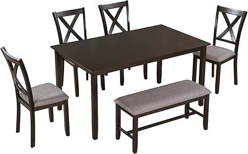 Miniatura 7 de Merax Juego de mesa de comedor de madera clásica de 6 piezas con 4 sillas y banco para cocina muebles familiares marrón  blanco cabaña 1-6 piezas