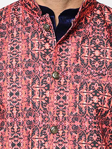 Image of SAIFOO Men's Silk Navy Blue Kurta Pyjama & Printed Nehru Jacket