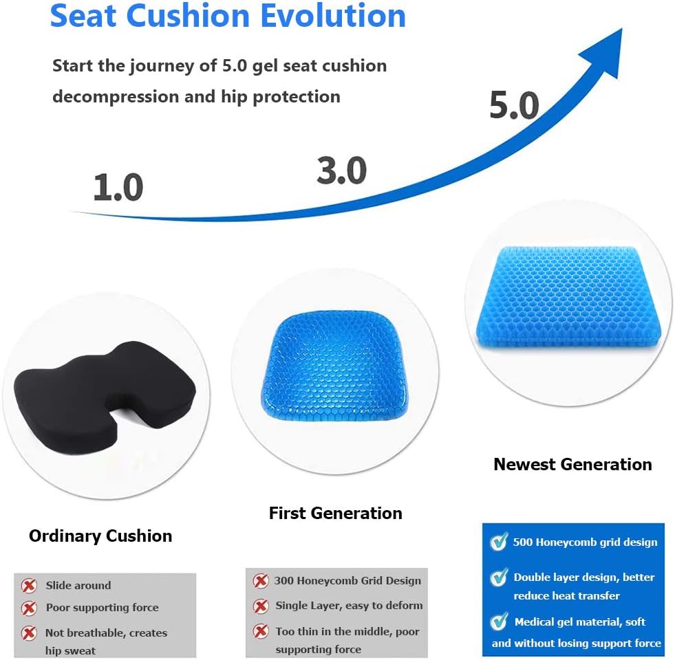 Gel Seat Cushion - 1.65inch Double Thick Egg Seat Cushion with Non-slip Cover - Coccyx Cushion for Back & Sciatica Pain - Office chair Car Seat Cushion - Honeycomb Breathable Design, Durable, Portable : Home & Kitchen