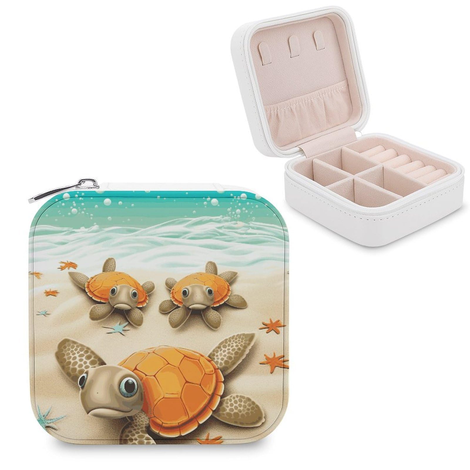 MUSM Turtle Starfish Travel Jewelry Case Personalized PU Leather Jewelry Boxes for Women Small Portable Jewelry Organizer Box Cute Trinket Box for Necklaces Rings Earrings & Gifts