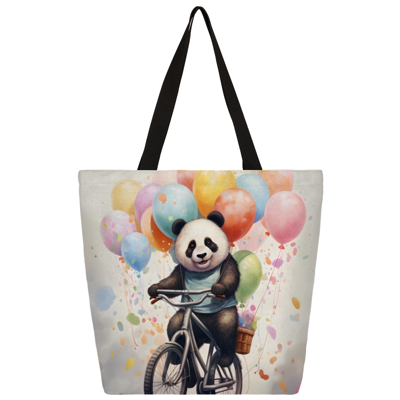 Mularoka Panda Balloons Watercolour Large Capacity Canvas Tote Bag Stylish Handheld Shoulder Bag Reusable Shopping Bag for Work Travel Beach Trips Shopping