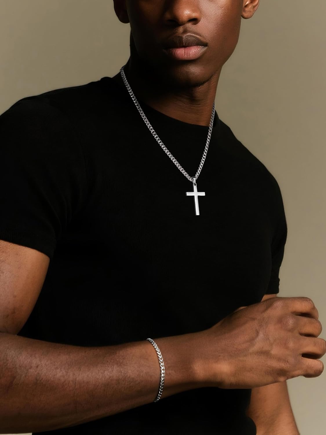 NORBU Stainless Steel Cross Necklace and Bracelet Set for Men, Cuban Link/Wheat/Figaro/Box Chains 20" Length, Bracelet 7 1/2" and 8" Length, No Tarnish & Durable Mens Religious Gift - Image 3