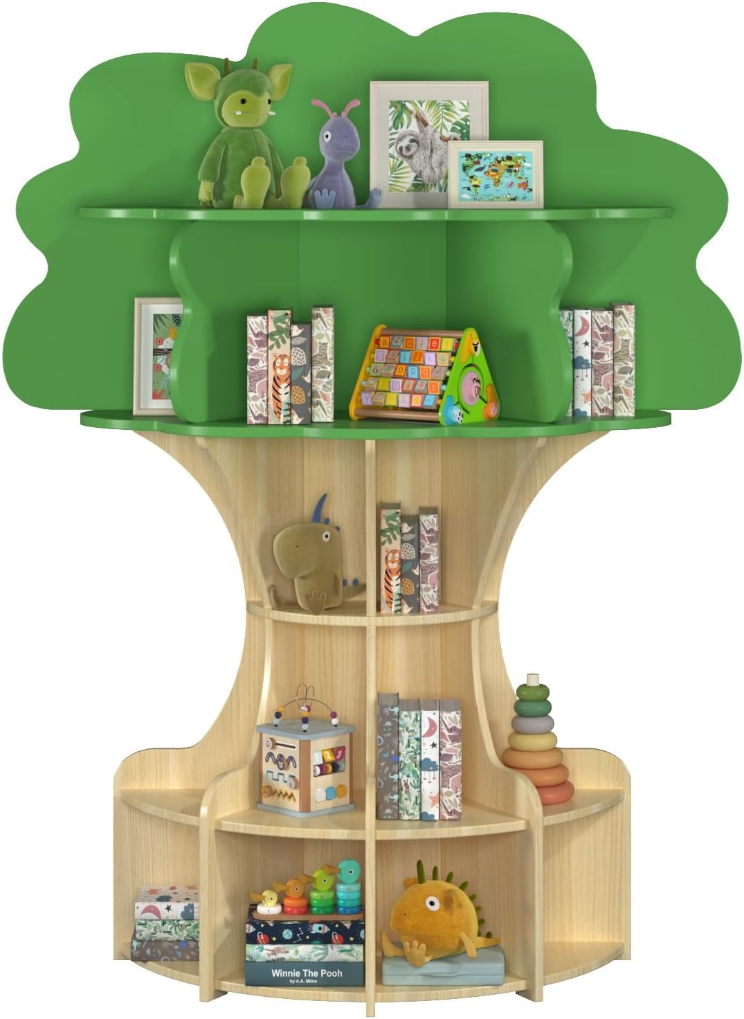 NKUGCFC 5-Tier Tree Bookshelf for Kids, Wooden Montessori Bookshelf with Toy Storage, Children’s Bookcase Organizer for Playroom or Nursery
