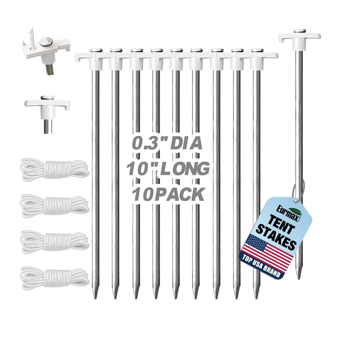 Eurmax USA 10-Pack Secure Protection Galvanized Tent Stakes,Rust-Proof Steel Canopy Anchors for High Winds,Heavy Duty Commercial Ground Pegs for Camping,Pop Up Tents&amp;Gazebos - Includes 4x10ft Ropes
