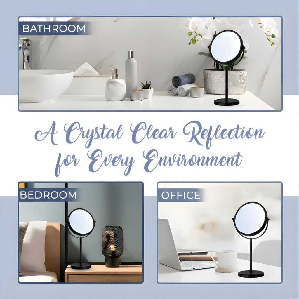 MIRRORVANA 10X Magnifying Makeup Mirror on Round Stand for Tabletop, Bedroom Vanity Desk and Bathroom Counter - Free Standing Double Sided 10X/1X Magnification Mirror - 7" Wide and 14" Tall (Black)