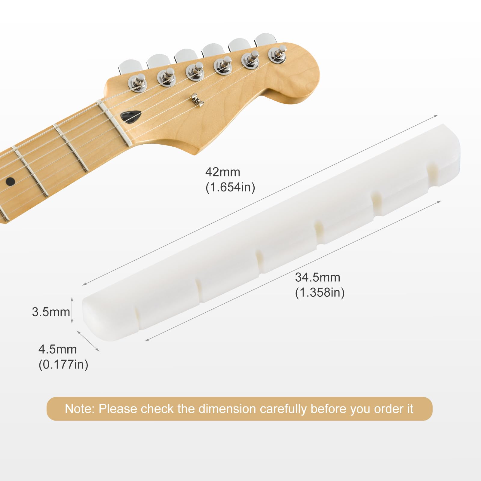 2 x nakrętka kostna do gitary elektrycznej 42 mm na 6 strun wstępnie rozciągnięte płaskie dno kompatybilne z gitarami Strat Tele, 42 x 3,5 x 4,5 / 3,5 mm (biały)