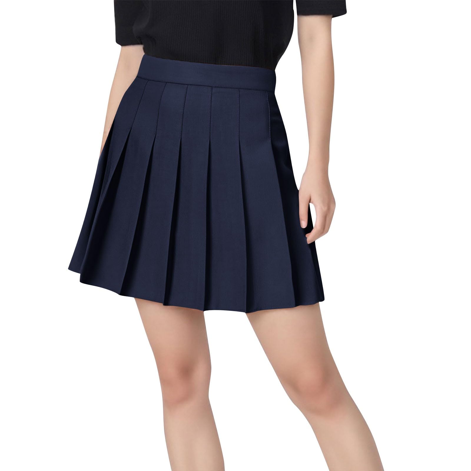 Womens Casual Skirts Mini Flared Skater Skirt Cotton Linen Stretchy Elastic High Waist Pleated A-Line Party Skirts
